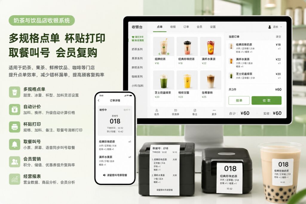 奶茶店收银系统多规格点单、杯贴打印与取餐叫号界面